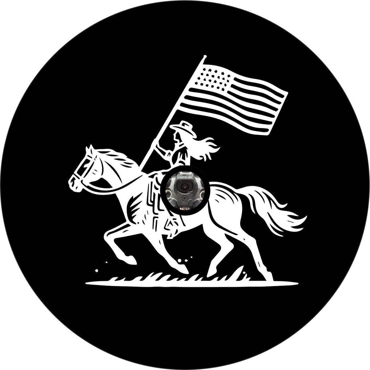 Cowgirl on a Bronco with American Flag Spare Tire Cover for Jeep, Bronco, RV, Camper, Trailer, & More-duckduckjeep-offroad-wrangler-gladiator-3d-jeep duck-custom duck-Jeep-The Quacktory-Fun Jeep Ducks-Ducks4Jeep