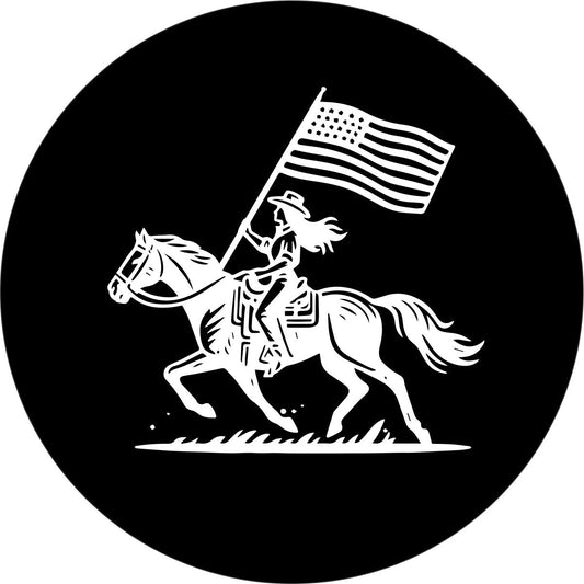 Cowgirl on a Bronco with American Flag Spare Tire Cover for Jeep, Bronco, RV, Camper, Trailer, & More-duckduckjeep-offroad-wrangler-gladiator-3d-jeep duck-custom duck-Jeep-The Quacktory-Fun Jeep Ducks-Ducks4Jeep