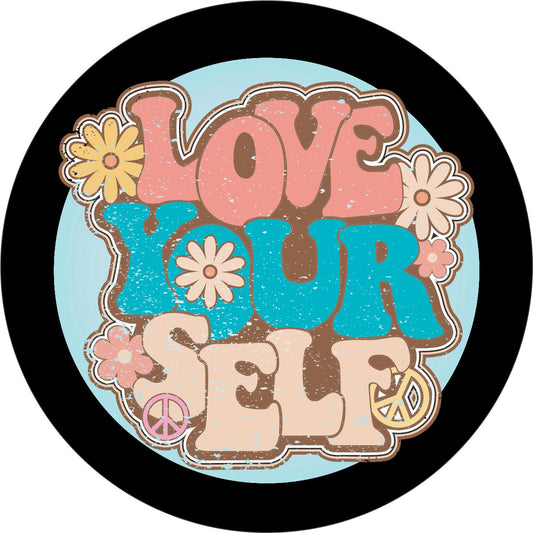 Distressed Love Yourself with Flower Spare Tire Cover for Jeep, Bronco, RV, Camper, Trailer, & More-duckduckjeep-offroad-wrangler-gladiator-3d-jeep duck-custom duck-Jeep-The Quacktory-Fun Jeep Ducks-Ducks4Jeep