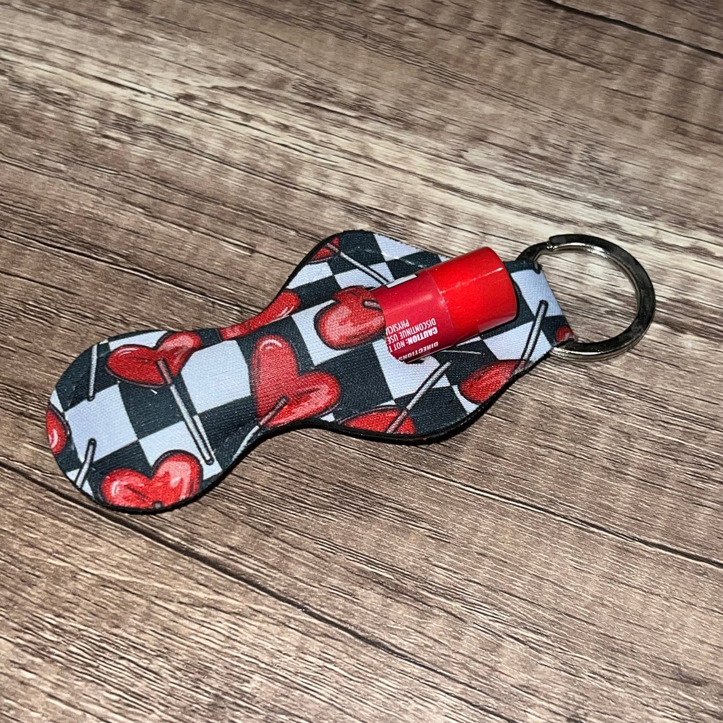 Valentines Heart Sucker Checkerboard Lip Balm Holder Keychain