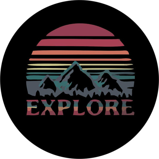 Explore Retro Design Mountains & Sun - Spare Tire Cover For RV, Camper, Jeep, Bronco, VW Bus, Van, & More-duckduckjeep-offroad-wrangler-gladiator-3d-jeep duck-custom duck-Jeep-The Quacktory-Fun Jeep Ducks-Ducks4Jeep
