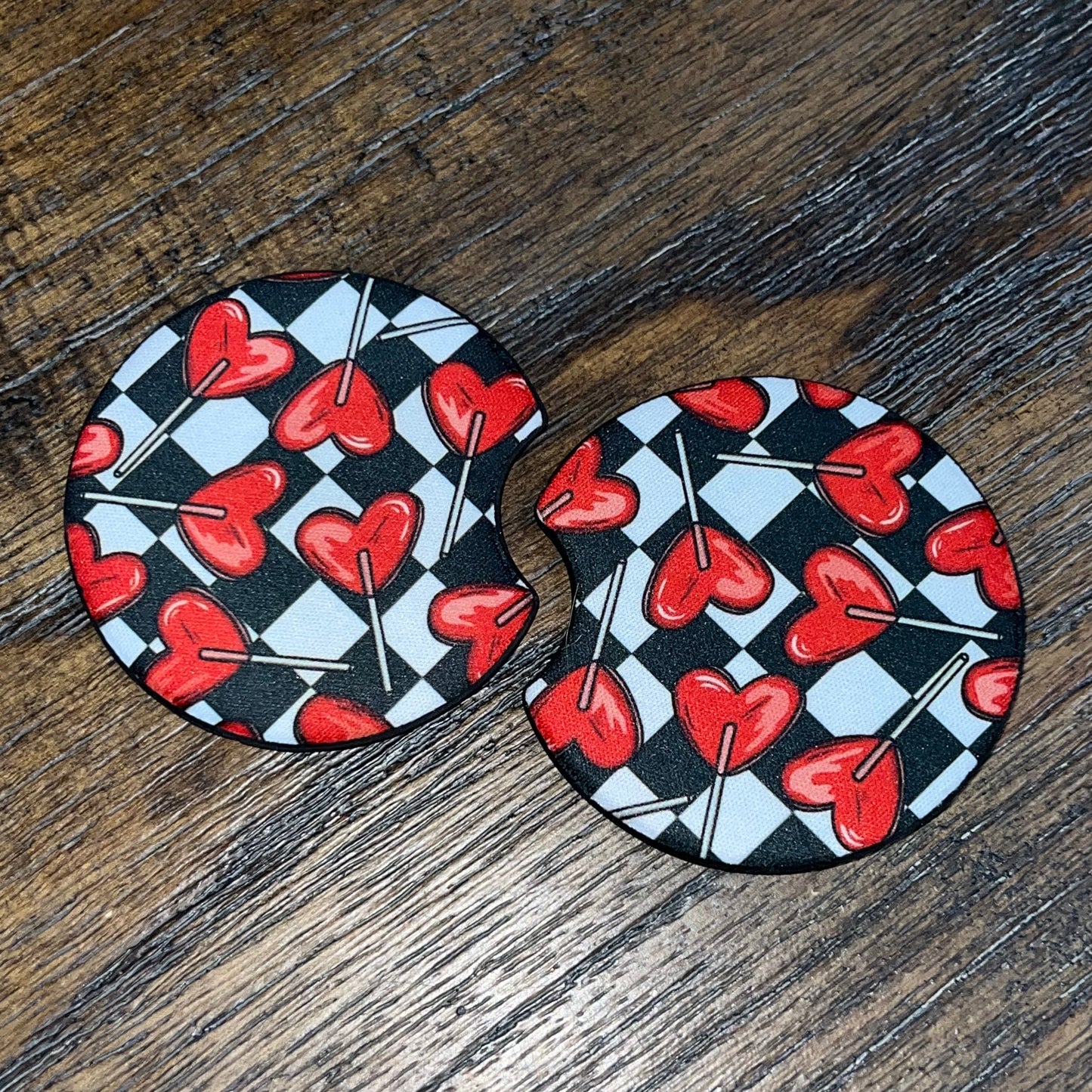 Valentines Heart Sucker Checkerboard Car Coaster