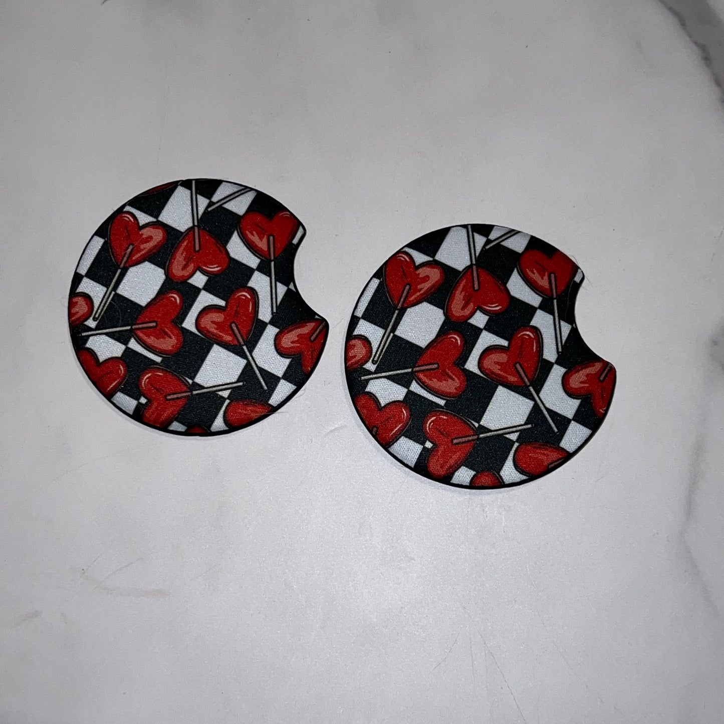 Valentines Heart Sucker Checkerboard Car Coaster
