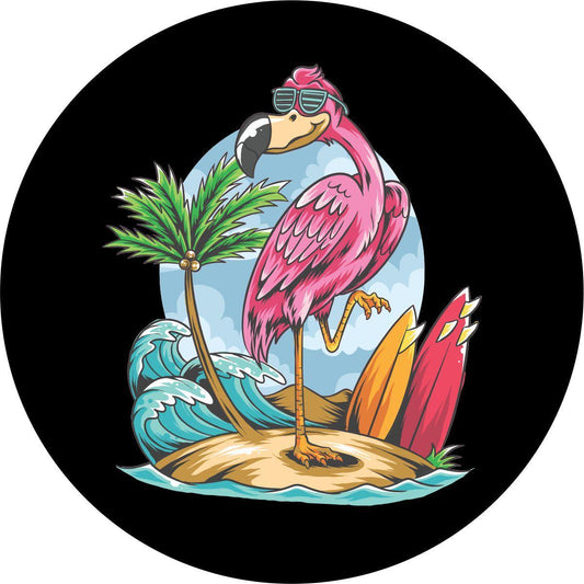 Flamingo on a Beach Funny Spare Tire Cover for Jeep, Bronco, RV, Camper, Etc.-duckduckjeep-offroad-wrangler-gladiator-3d-jeep duck-custom duck-Jeep-The Quacktory-Fun Jeep Ducks-Ducks4Jeep