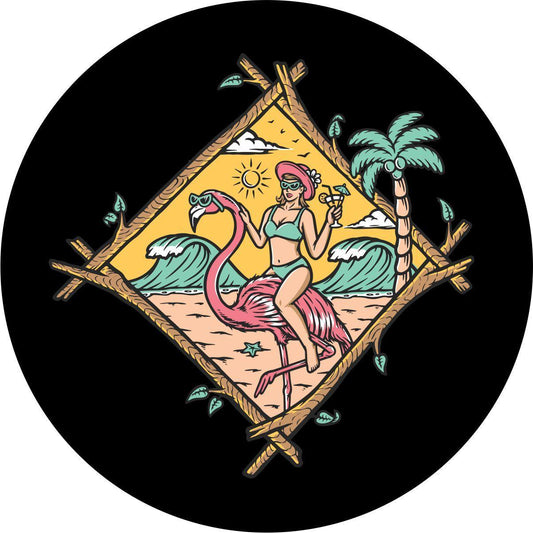 Girl Riding Flamingo at the Beach Funny Spare Tire Cover for Jeep, RV, Bronco, Camper, & More-duckduckjeep-offroad-wrangler-gladiator-3d-jeep duck-custom duck-Jeep-The Quacktory-Fun Jeep Ducks-Ducks4Jeep