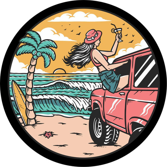 Girl at the Beach in Her Pink Bronco Spare Tire Cover Design-duckduckjeep-offroad-wrangler-gladiator-3d-jeep duck-custom duck-Jeep-The Quacktory-Fun Jeep Ducks-Ducks4Jeep