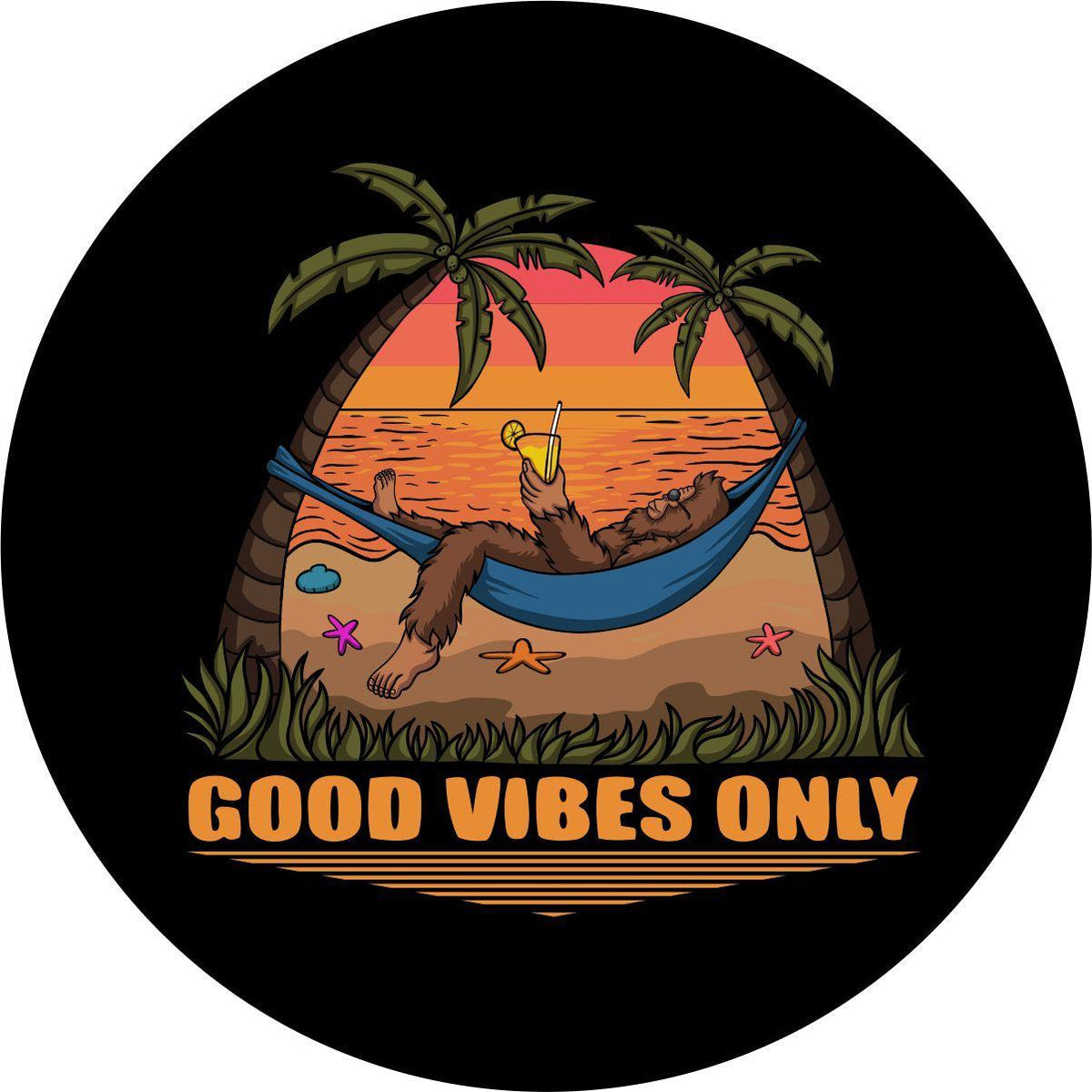 Good Vibes Only Sasquatch Bigfoot Tire Cover for Bronco, RV, Jeep, Camper, Etc.-duckduckjeep-offroad-wrangler-gladiator-3d-jeep duck-custom duck-Jeep-The Quacktory-Fun Jeep Ducks-Ducks4Jeep