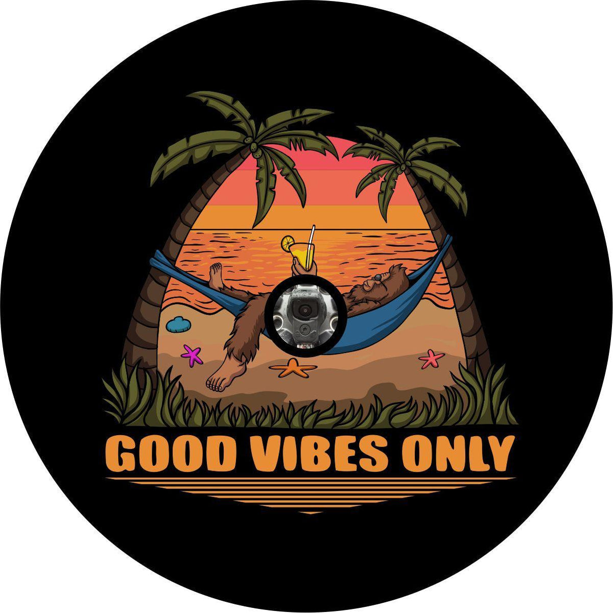 Good Vibes Only Sasquatch Bigfoot Tire Cover for Bronco, RV, Jeep, Camper, Etc.-duckduckjeep-offroad-wrangler-gladiator-3d-jeep duck-custom duck-Jeep-The Quacktory-Fun Jeep Ducks-Ducks4Jeep