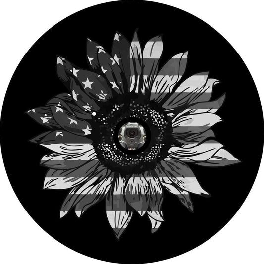Gray Sunflower American Flag Spare Tire Cover for Jeep, RV, Bronco, & More-duckduckjeep-offroad-wrangler-gladiator-3d-jeep duck-custom duck-Jeep-The Quacktory-Fun Jeep Ducks-Ducks4Jeep