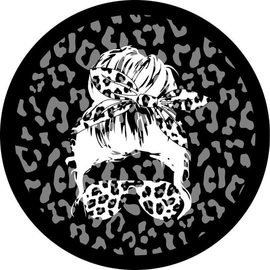Leopard Print Spare Tire Cover With Top Knot Girl Silhouette Design-duckduckjeep-offroad-wrangler-gladiator-3d-jeep duck-custom duck-Jeep-The Quacktory-Fun Jeep Ducks-Ducks4Jeep