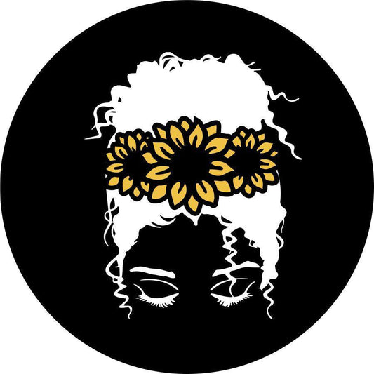 Messy Bun Curly Hair Girl with Sunflower Crown-duckduckjeep-offroad-wrangler-gladiator-3d-jeep duck-custom duck-Jeep-The Quacktory-Fun Jeep Ducks-Ducks4Jeep