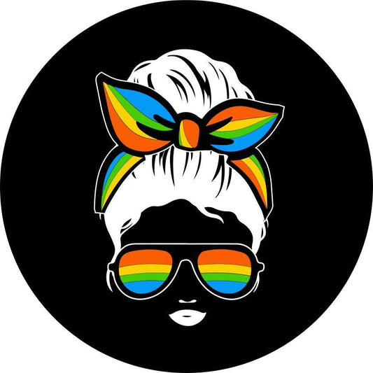 Messy Bun Woman Silhouette With Rainbow Bandana and Sunglasses-duckduckjeep-offroad-wrangler-gladiator-3d-jeep duck-custom duck-Jeep-The Quacktory-Fun Jeep Ducks-Ducks4Jeep