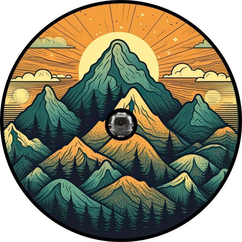 Mountain Landscape Vibrant Orange & Teal Sunset Spare Tire Cover for Jeep, Bronco, RV, Camper, & More-duckduckjeep-offroad-wrangler-gladiator-3d-jeep duck-custom duck-Jeep-The Quacktory-Fun Jeep Ducks-Ducks4Jeep