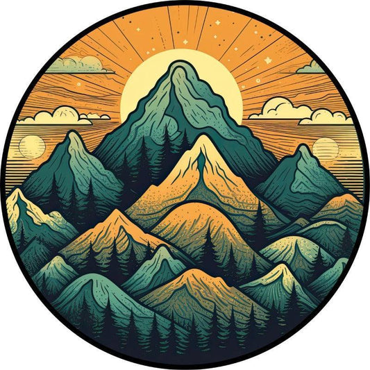 Mountain Landscape Vibrant Orange & Teal Sunset Spare Tire Cover for Jeep, Bronco, RV, Camper, & More-duckduckjeep-offroad-wrangler-gladiator-3d-jeep duck-custom duck-Jeep-The Quacktory-Fun Jeep Ducks-Ducks4Jeep