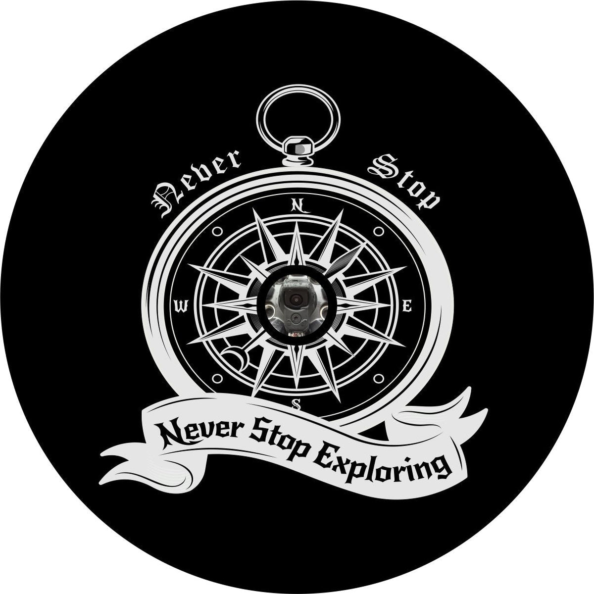 Never Stop Exploring Compass Spare Tire Cover - Jeep, Bronco, RV, Camper, & More-duckduckjeep-offroad-wrangler-gladiator-3d-jeep duck-custom duck-Jeep-The Quacktory-Fun Jeep Ducks-Ducks4Jeep