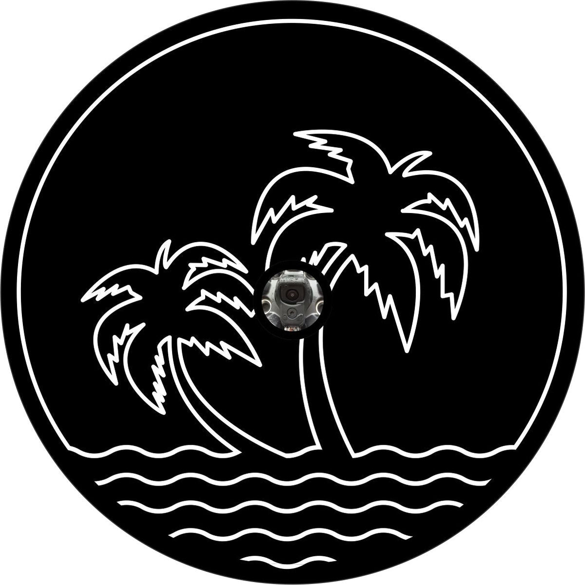 Palm Trees on Water Simple Spare Tire Cover - Jeep, Bronco, RV, Camper, Trailer, Van, Etc.-duckduckjeep-offroad-wrangler-gladiator-3d-jeep duck-custom duck-Jeep-The Quacktory-Fun Jeep Ducks-Ducks4Jeep