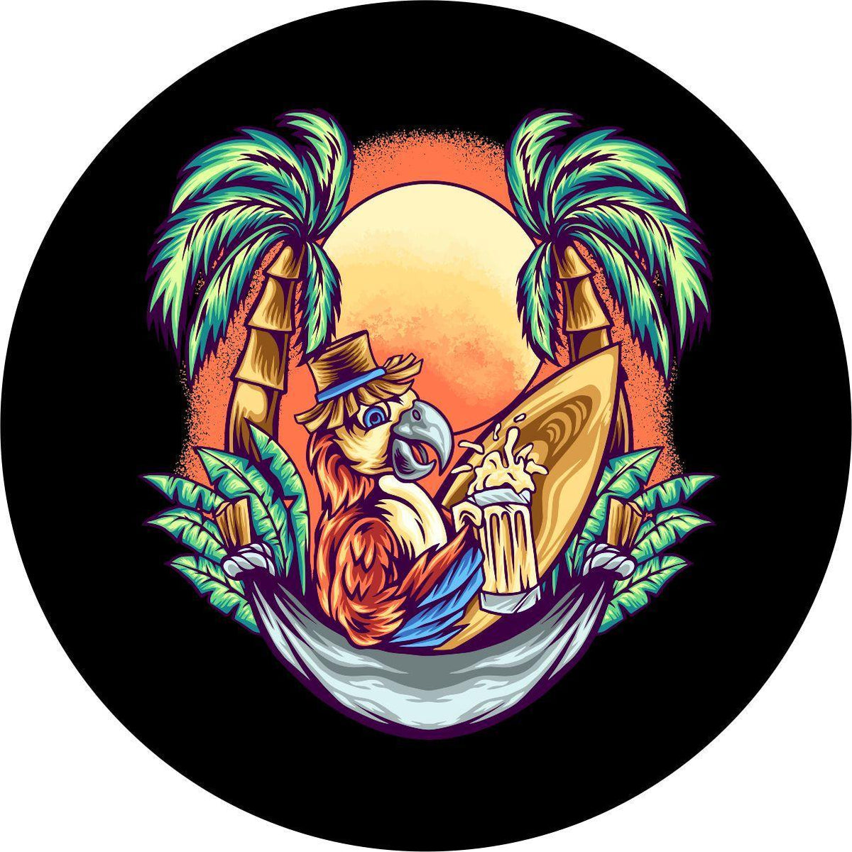 Parrot in a Hammock at Sunset Spare Tire Cover - Jeep, Bronco, RV, Camper, Trailer, Etc.-duckduckjeep-offroad-wrangler-gladiator-3d-jeep duck-custom duck-Jeep-The Quacktory-Fun Jeep Ducks-Ducks4Jeep