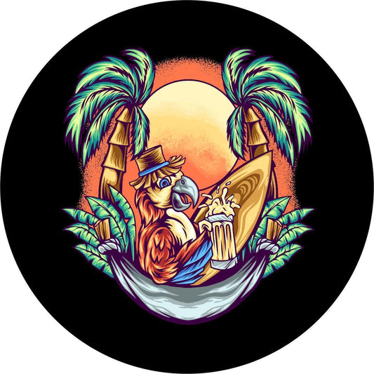 Parrot in a Hammock at Sunset Spare Tire Cover - Jeep, Bronco, RV, Camper, Trailer, Etc.-duckduckjeep-offroad-wrangler-gladiator-3d-jeep duck-custom duck-Jeep-The Quacktory-Fun Jeep Ducks-Ducks4Jeep