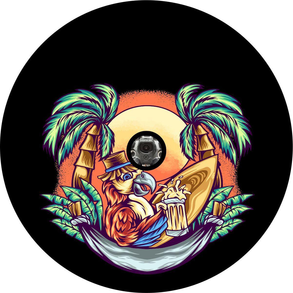 Parrot in a Hammock at Sunset Spare Tire Cover - Jeep, Bronco, RV, Camper, Trailer, Etc.-duckduckjeep-offroad-wrangler-gladiator-3d-jeep duck-custom duck-Jeep-The Quacktory-Fun Jeep Ducks-Ducks4Jeep