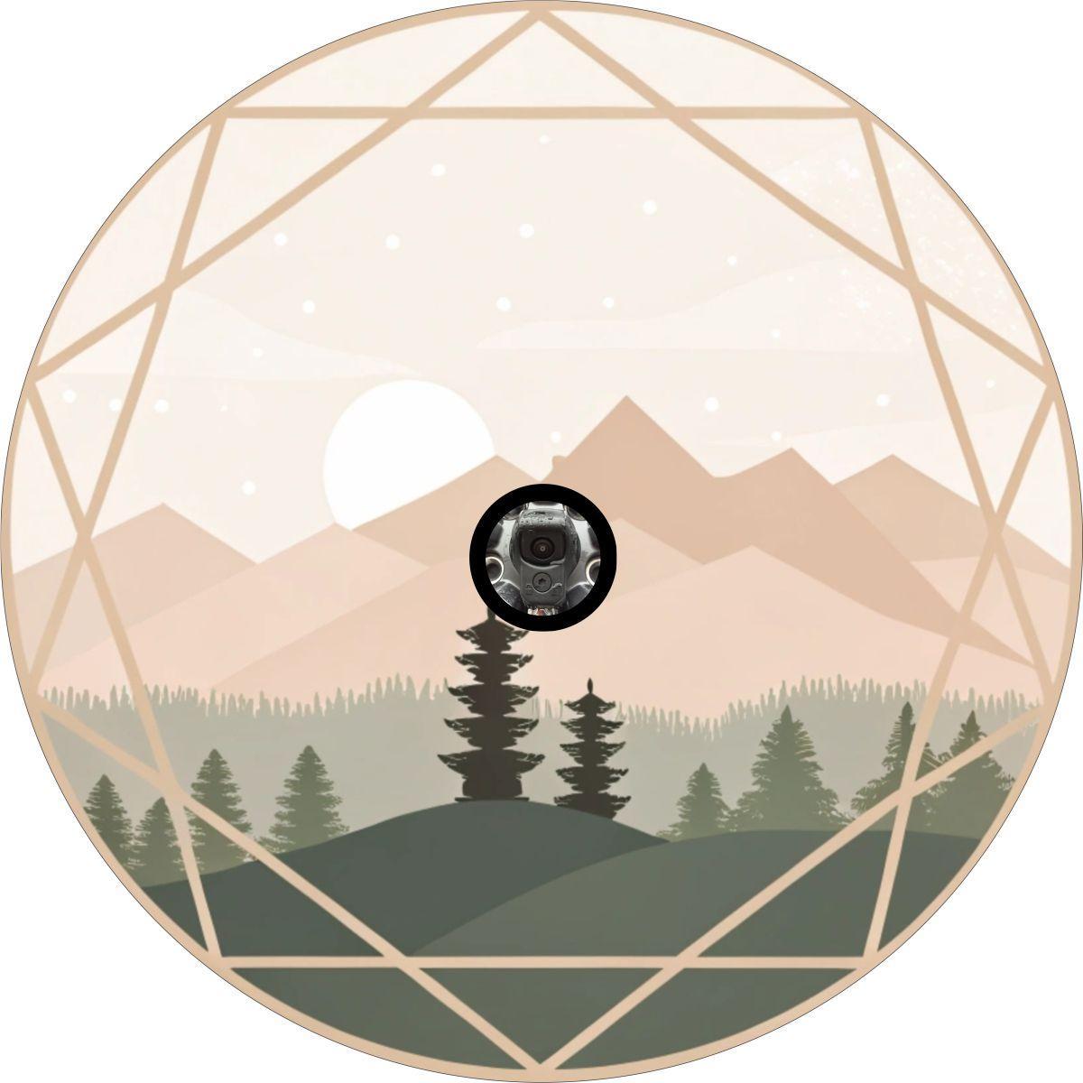 Pastel Gradient Geometric Mountain Landscape with Sun Spare Tire Cover for Jeep, Bronco, RV, Camper, Trailer, & More-duckduckjeep-offroad-wrangler-gladiator-3d-jeep duck-custom duck-Jeep-The Quacktory-Fun Jeep Ducks-Ducks4Jeep