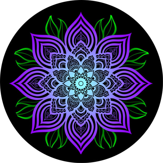 Purple Mandala Flower with Green Leaves Spare Tire Cover for any Vehicle, Make, Model and Size-duckduckjeep-offroad-wrangler-gladiator-3d-jeep duck-custom duck-Jeep-The Quacktory-Fun Jeep Ducks-Ducks4Jeep