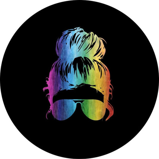 Rainbow Top Knot Messy Bun + Sunglasses | Jeep, Bronco, RV, Camper, Trailer Spare Tire Cover-duckduckjeep-offroad-wrangler-gladiator-3d-jeep duck-custom duck-Jeep-The Quacktory-Fun Jeep Ducks-Ducks4Jeep