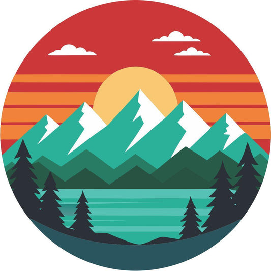 Red Sunset Delight with Mountain and a Lake Spare Tire Cover for Jeep, Bronco, RV, Camper, Trailer, & More-duckduckjeep-offroad-wrangler-gladiator-3d-jeep duck-custom duck-Jeep-The Quacktory-Fun Jeep Ducks-Ducks4Jeep