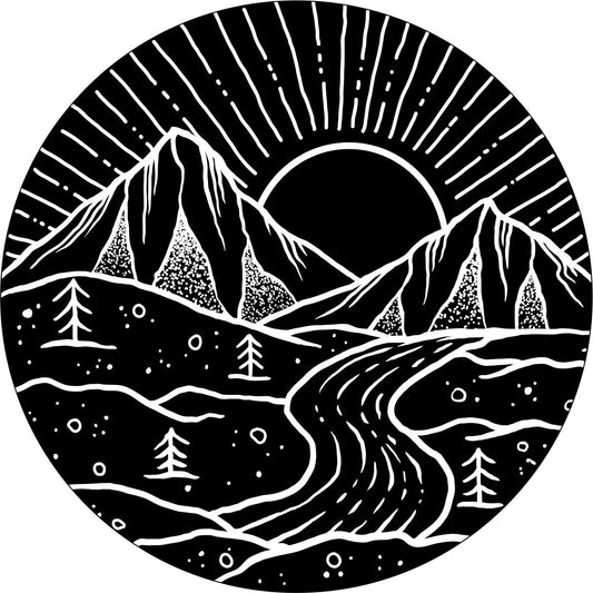 River Flowing Mountain Range at Sunset Spare Tire Cover Jeep, RV, Bronco, Camper, Trailer, Van, Etc.-duckduckjeep-offroad-wrangler-gladiator-3d-jeep duck-custom duck-Jeep-The Quacktory-Fun Jeep Ducks-Ducks4Jeep