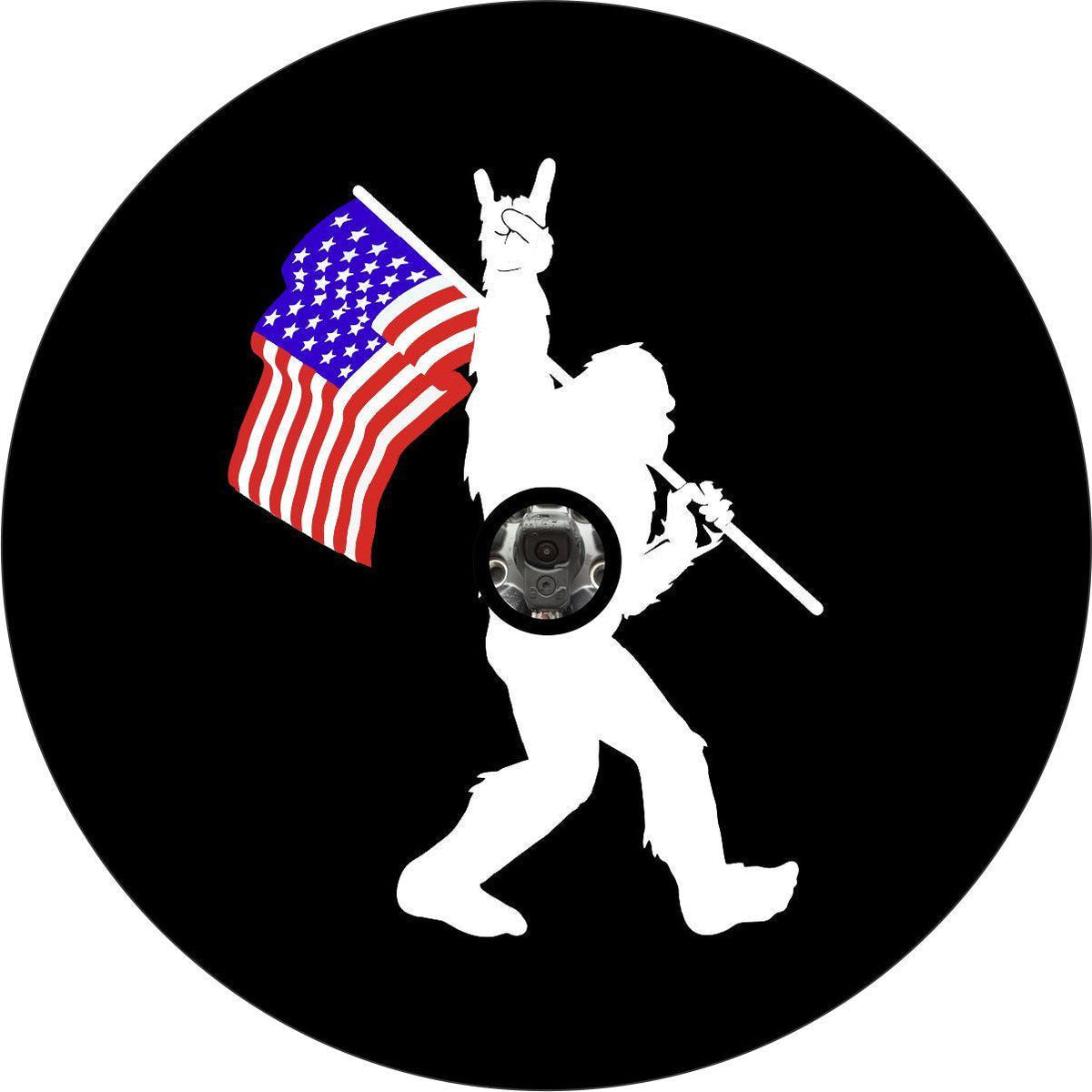 Rock On Bigfoot Sasquatch American Flag ( COLOR ) Spare Tire Cover for Bronco, Jeep, RV Camper, & More-duckduckjeep-offroad-wrangler-gladiator-3d-jeep duck-custom duck-Jeep-The Quacktory-Fun Jeep Ducks-Ducks4Jeep