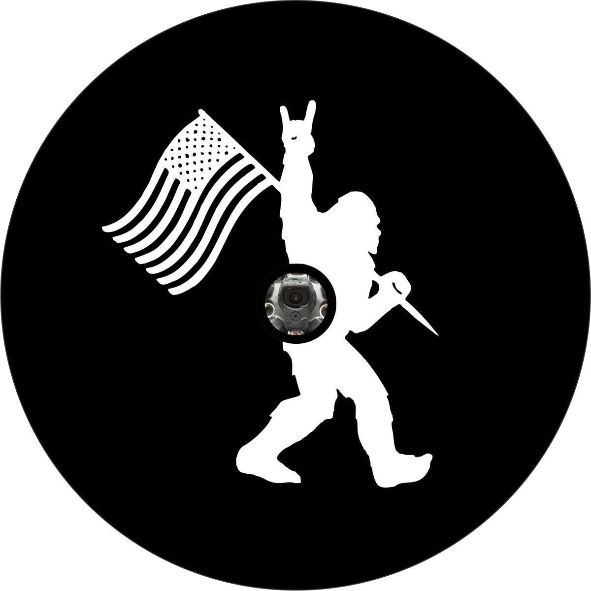 Rock On Bigfoot Sasquatch American Flag Spare Tire Cover for Bronco, Jeep, RV Camper, & More-duckduckjeep-offroad-wrangler-gladiator-3d-jeep duck-custom duck-Jeep-The Quacktory-Fun Jeep Ducks-Ducks4Jeep