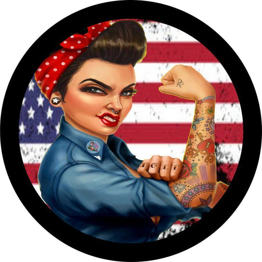 Rosie the Riveter Distressed American Flag Spare Tire Cover-duckduckjeep-offroad-wrangler-gladiator-3d-jeep duck-custom duck-Jeep-The Quacktory-Fun Jeep Ducks-Ducks4Jeep