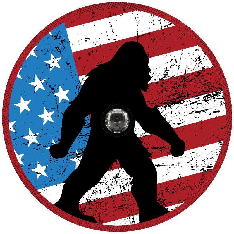 Rustic American Flag & Silhouette of Sasquatch Spare Tire Cover for Bronco, RV, Jeep, Camper, Van-duckduckjeep-offroad-wrangler-gladiator-3d-jeep duck-custom duck-Jeep-The Quacktory-Fun Jeep Ducks-Ducks4Jeep