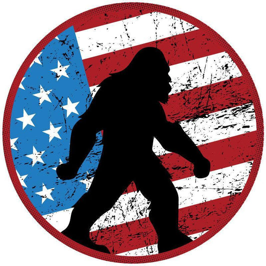 Rustic American Flag & Silhouette of Sasquatch Spare Tire Cover for Bronco, RV, Jeep, Camper, Van-duckduckjeep-offroad-wrangler-gladiator-3d-jeep duck-custom duck-Jeep-The Quacktory-Fun Jeep Ducks-Ducks4Jeep