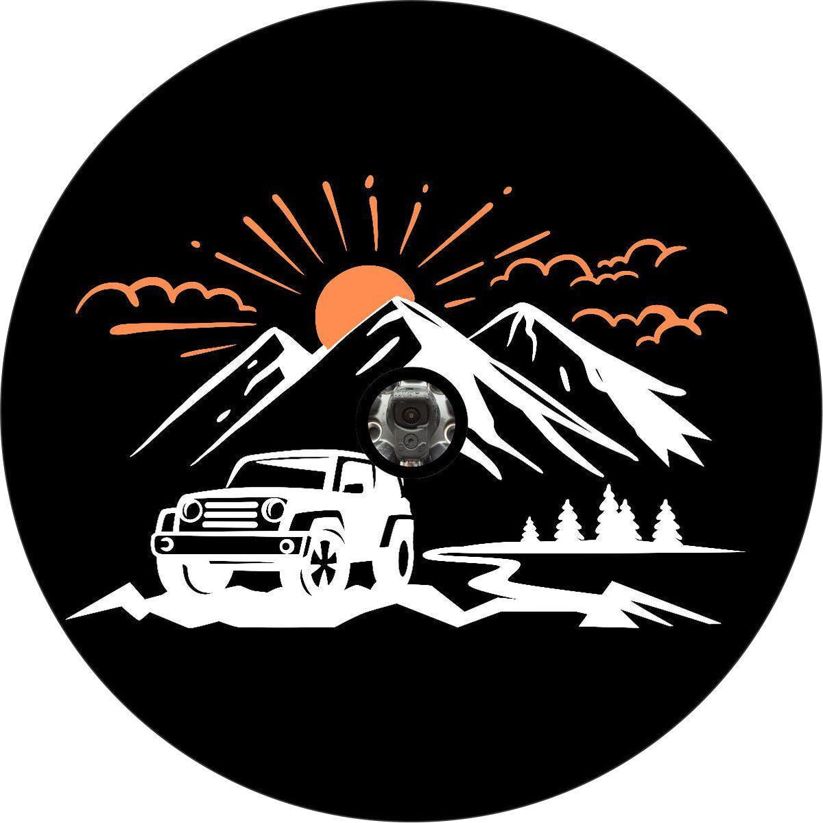 SUV in the Mountains with Sunset Spare Tire Cover for Jeep, Bronco, Campers, RV, Vans, & More-duckduckjeep-offroad-wrangler-gladiator-3d-jeep duck-custom duck-Jeep-The Quacktory-Fun Jeep Ducks-Ducks4Jeep
