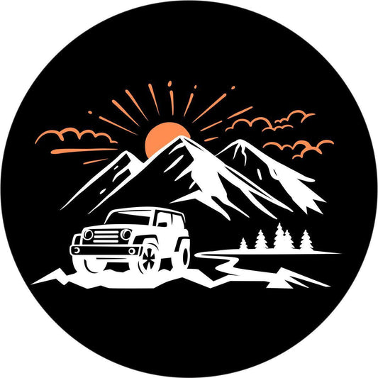 SUV in the Mountains with Sunset Spare Tire Cover for Jeep, Bronco, Campers, RV, Vans, & More-duckduckjeep-offroad-wrangler-gladiator-3d-jeep duck-custom duck-Jeep-The Quacktory-Fun Jeep Ducks-Ducks4Jeep
