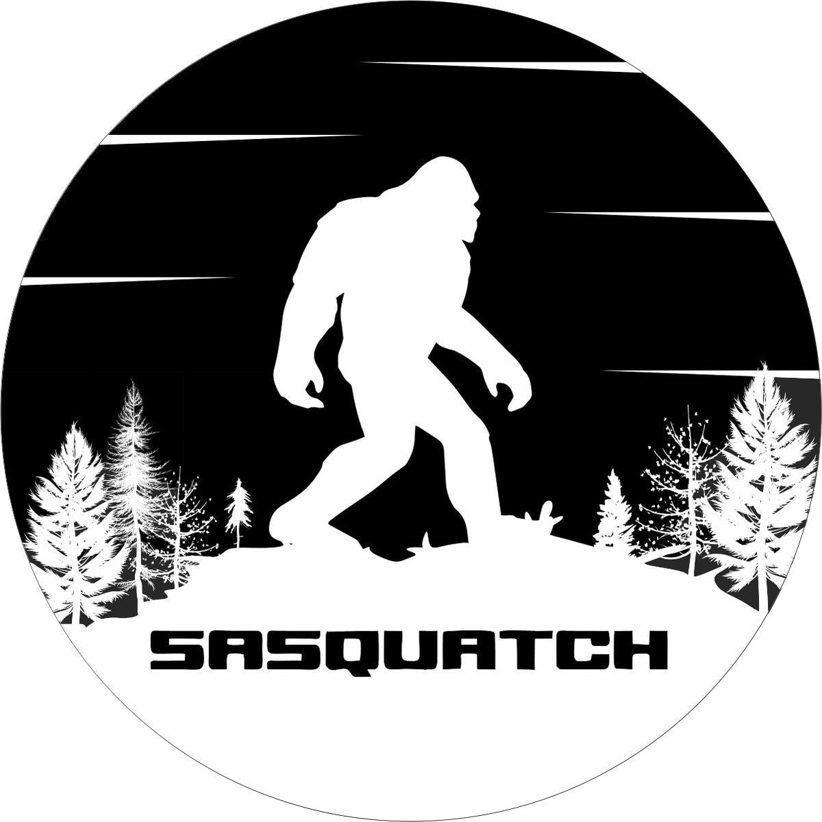 Sasquatch Bigfoot Mountain and Tree Silhouette Spare Tire Cover for Jeep, Bronco, RV, Camper, Trailer, & More-duckduckjeep-offroad-wrangler-gladiator-3d-jeep duck-custom duck-Jeep-The Quacktory-Fun Jeep Ducks-Ducks4Jeep