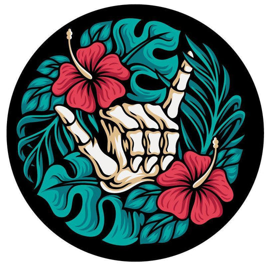 Shaka Skeleton & Hibiscus Spare Tire Cover for Jeep, RV, Bronco, & More-duckduckjeep-offroad-wrangler-gladiator-3d-jeep duck-custom duck-Jeep-The Quacktory-Fun Jeep Ducks-Ducks4Jeep