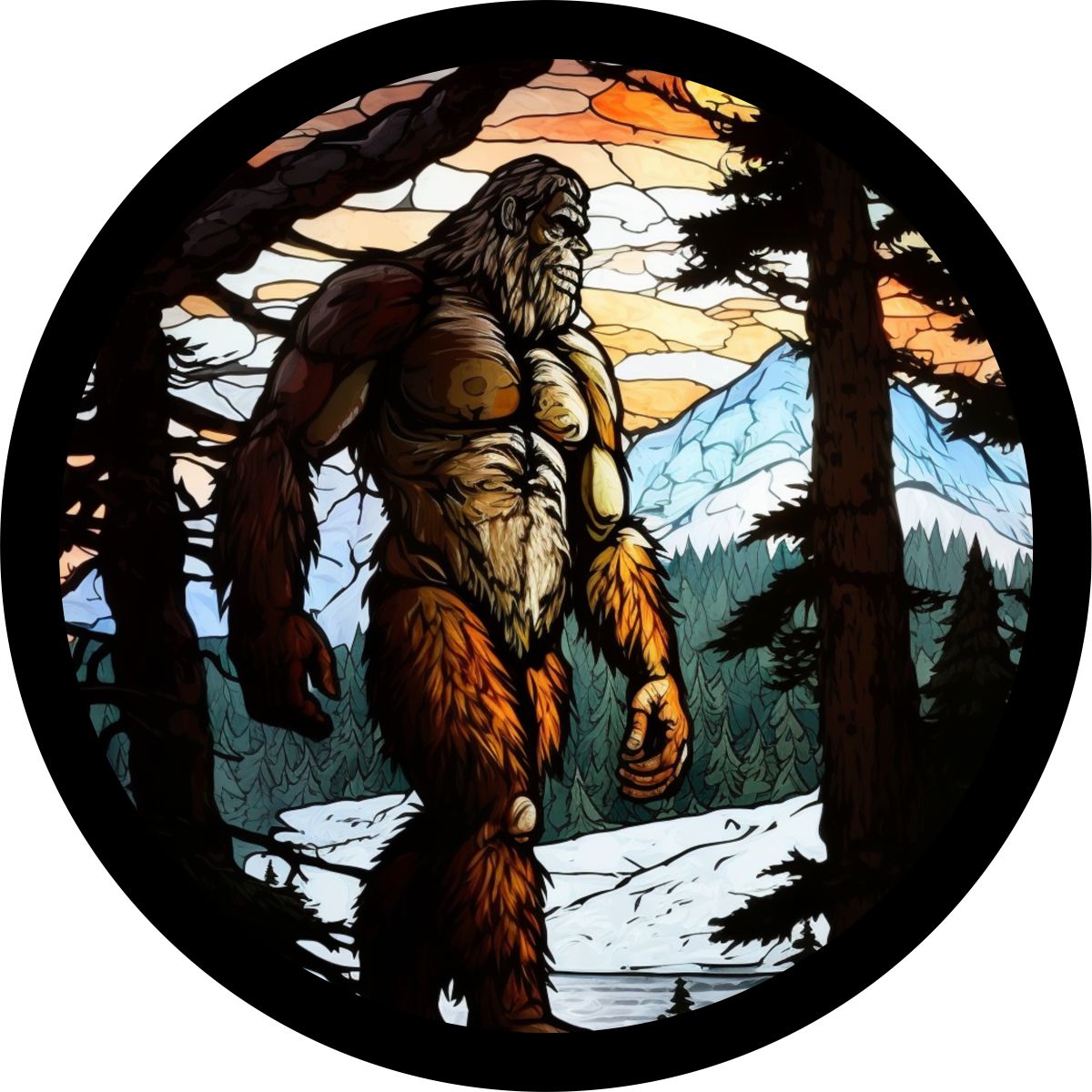 Stained Glass Bigfoot Sasquatch Spare Tire Cover - Jeep, Bronco, RV, Camper, Van, Etc.-duckduckjeep-offroad-wrangler-gladiator-3d-jeep duck-custom duck-Jeep-The Quacktory-Fun Jeep Ducks-Ducks4Jeep