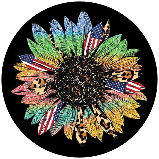 Sunflower Gone Wild - Cheetah Print, Rainbow Sparkles, American Flag Spare Tire Cover-duckduckjeep-offroad-wrangler-gladiator-3d-jeep duck-custom duck-Jeep-The Quacktory-Fun Jeep Ducks-Ducks4Jeep