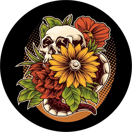 Sunflower & Hibiscus Skull Unique Spare Tire Cover-duckduckjeep-offroad-wrangler-gladiator-3d-jeep duck-custom duck-Jeep-The Quacktory-Fun Jeep Ducks-Ducks4Jeep