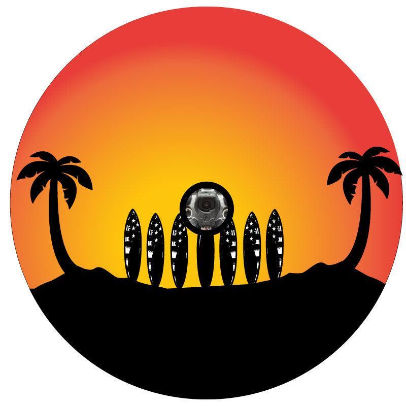Surfboard Line Up Under Palm Trees Jeep, Bronco, RV Spare Tire Cover-duckduckjeep-offroad-wrangler-gladiator-3d-jeep duck-custom duck-Jeep-The Quacktory-Fun Jeep Ducks-Ducks4Jeep