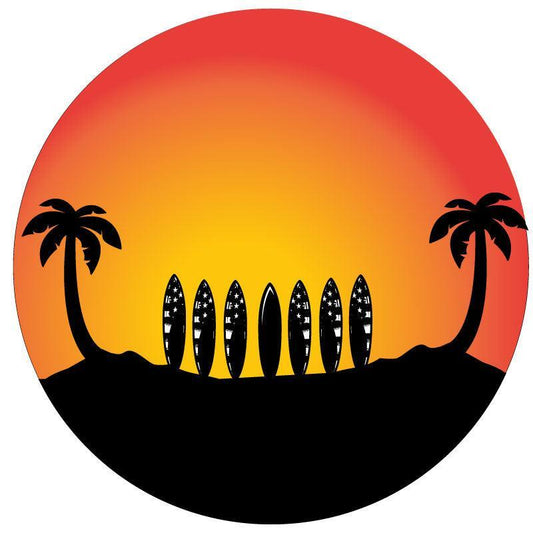 Surfboard Line Up Under Palm Trees Jeep, Bronco, RV Spare Tire Cover-duckduckjeep-offroad-wrangler-gladiator-3d-jeep duck-custom duck-Jeep-The Quacktory-Fun Jeep Ducks-Ducks4Jeep