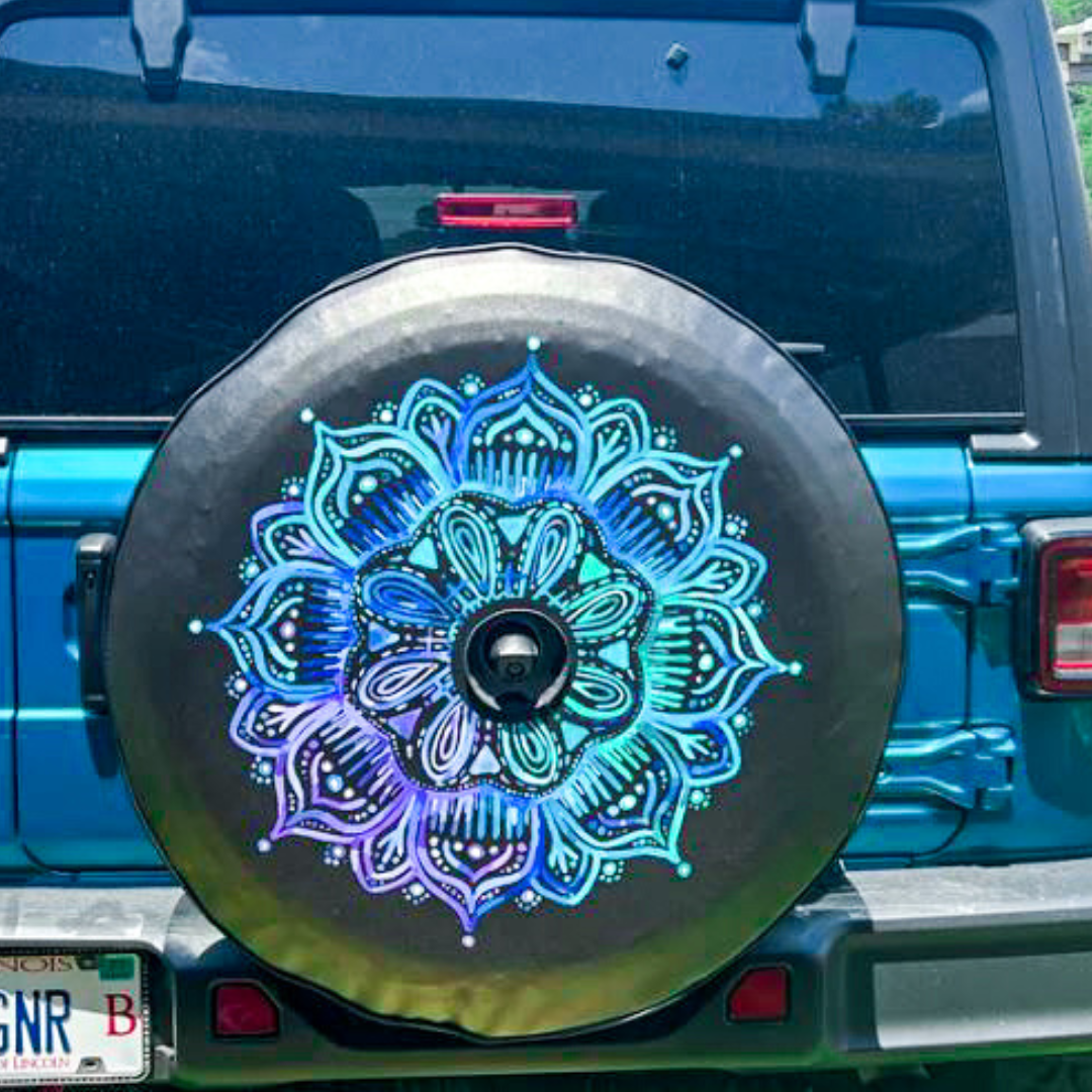 Teal & Purple Mandala Spare Tire Cover for Jeep, Bronco, RV, Camper, & More-duckduckjeep-offroad-wrangler-gladiator-3d-jeep duck-custom duck-Jeep-The Quacktory-Fun Jeep Ducks-Ducks4Jeep