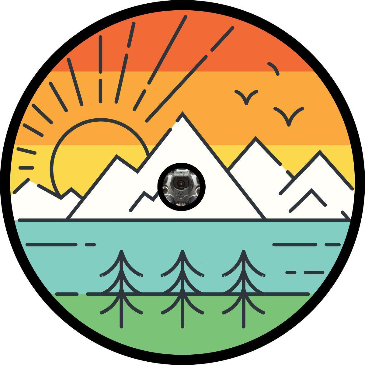 Thin Line Design Retro Landscape Mountain Spare Tire Cover | Jeep, RV, Camper, Bronco, Etc.-duckduckjeep-offroad-wrangler-gladiator-3d-jeep duck-custom duck-Jeep-The Quacktory-Fun Jeep Ducks-Ducks4Jeep