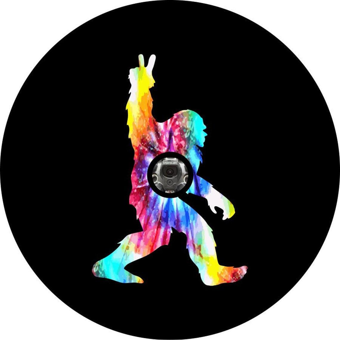 Tie Dye Walking Bigfoot - Sasquatch Peace Spare Tire Cover for Broncos, Jeeps, Campers, RV, & More-duckduckjeep-offroad-wrangler-gladiator-3d-jeep duck-custom duck-Jeep-The Quacktory-Fun Jeep Ducks-Ducks4Jeep