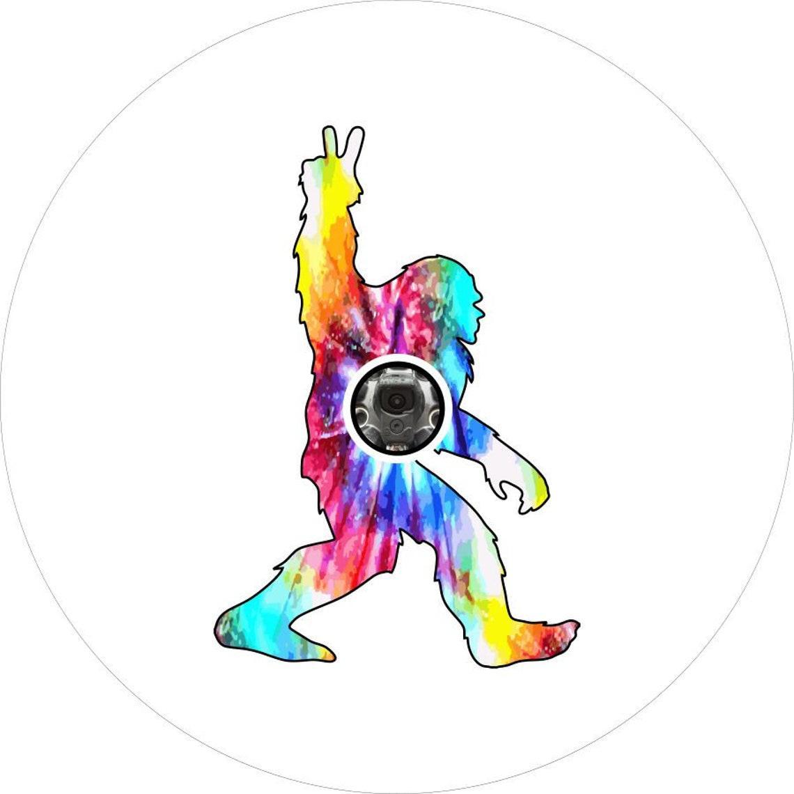 Tie Dye Walking Bigfoot - Sasquatch Peace Spare Tire Cover for Broncos, Jeeps, Campers, RV, & More-duckduckjeep-offroad-wrangler-gladiator-3d-jeep duck-custom duck-Jeep-The Quacktory-Fun Jeep Ducks-Ducks4Jeep