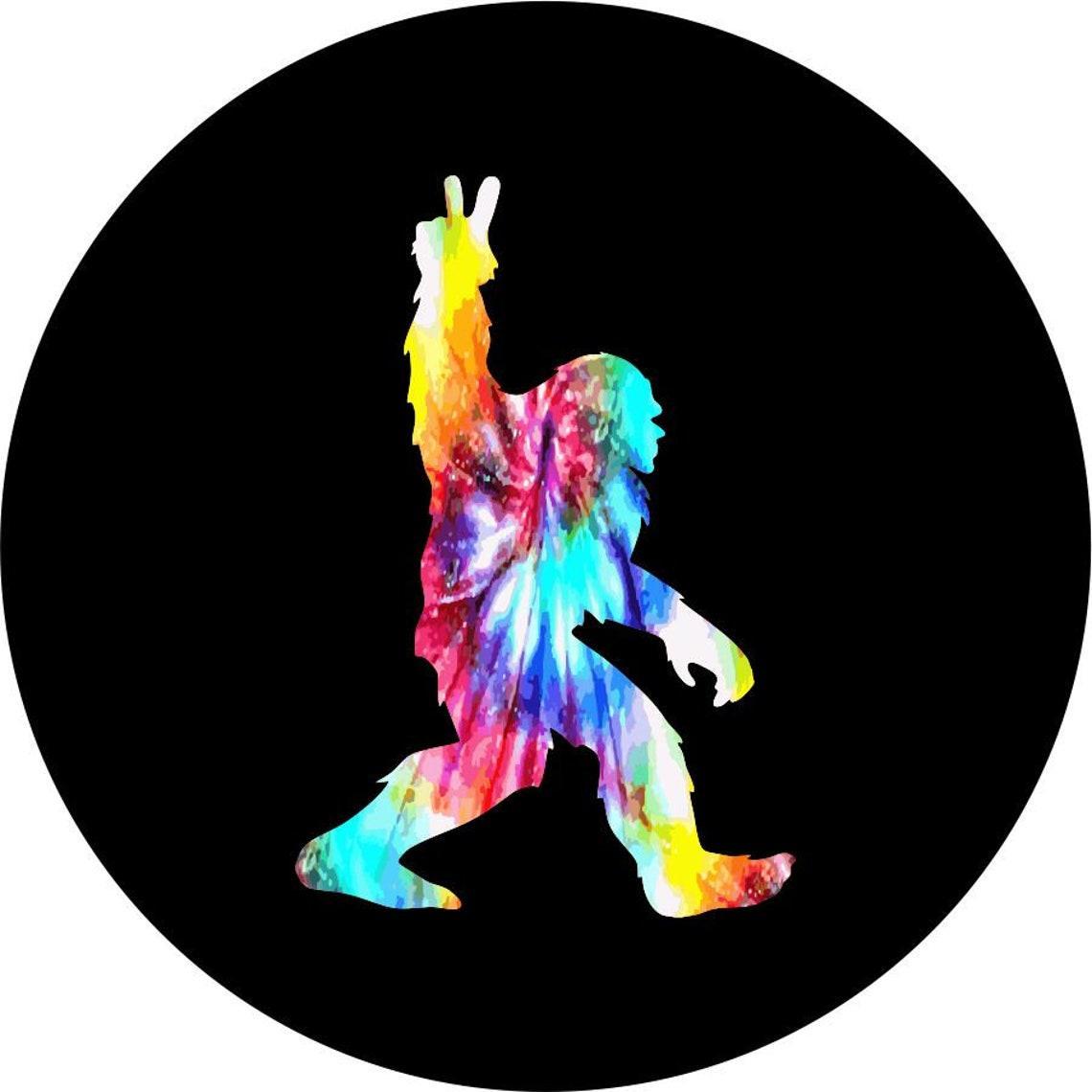 Tie Dye Walking Bigfoot - Sasquatch Peace Spare Tire Cover for Broncos, Jeeps, Campers, RV, & More-duckduckjeep-offroad-wrangler-gladiator-3d-jeep duck-custom duck-Jeep-The Quacktory-Fun Jeep Ducks-Ducks4Jeep