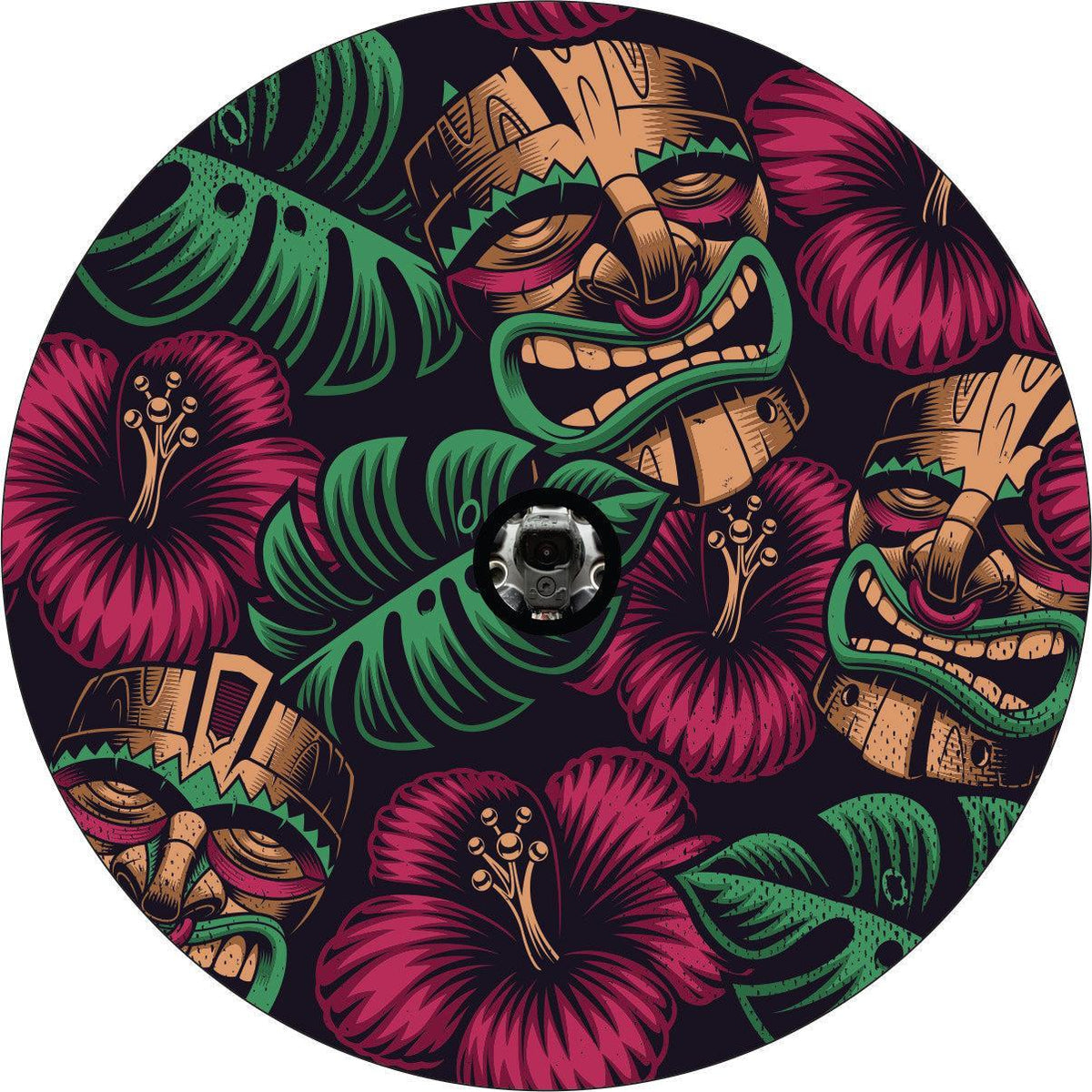 Tiki Mask Tropical Flowers Creative Spare Tire Cover | Jeep, RV, Camper, Bronco, & More-duckduckjeep-offroad-wrangler-gladiator-3d-jeep duck-custom duck-Jeep-The Quacktory-Fun Jeep Ducks-Ducks4Jeep