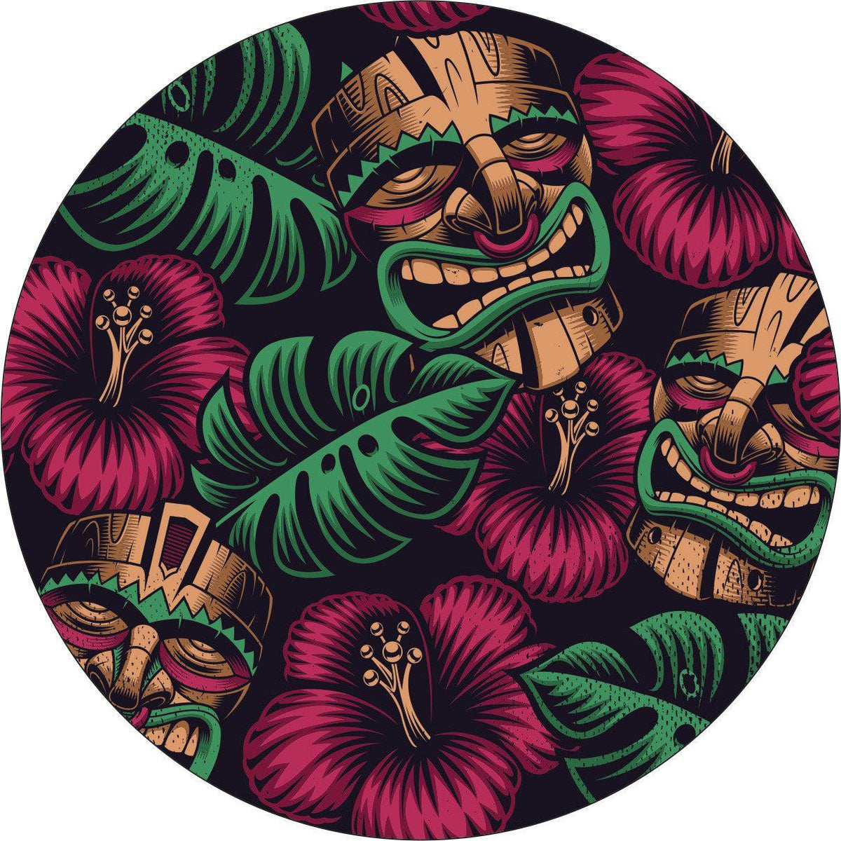 Tiki Mask Tropical Flowers Creative Spare Tire Cover | Jeep, RV, Camper, Bronco, & More-duckduckjeep-offroad-wrangler-gladiator-3d-jeep duck-custom duck-Jeep-The Quacktory-Fun Jeep Ducks-Ducks4Jeep