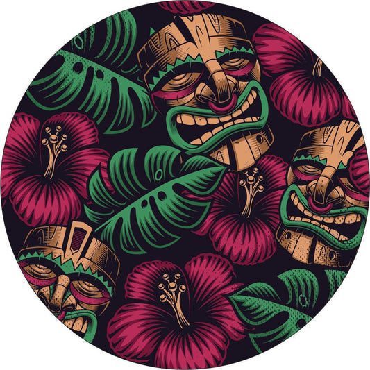 Tiki Mask Tropical Flowers Creative Spare Tire Cover | Jeep, RV, Camper, Bronco, & More-duckduckjeep-offroad-wrangler-gladiator-3d-jeep duck-custom duck-Jeep-The Quacktory-Fun Jeep Ducks-Ducks4Jeep